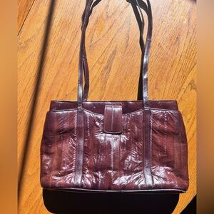 Vintage Genuine Eel Skin Tote Bag Made in Korea Oxblood Brown Exotic Leather
